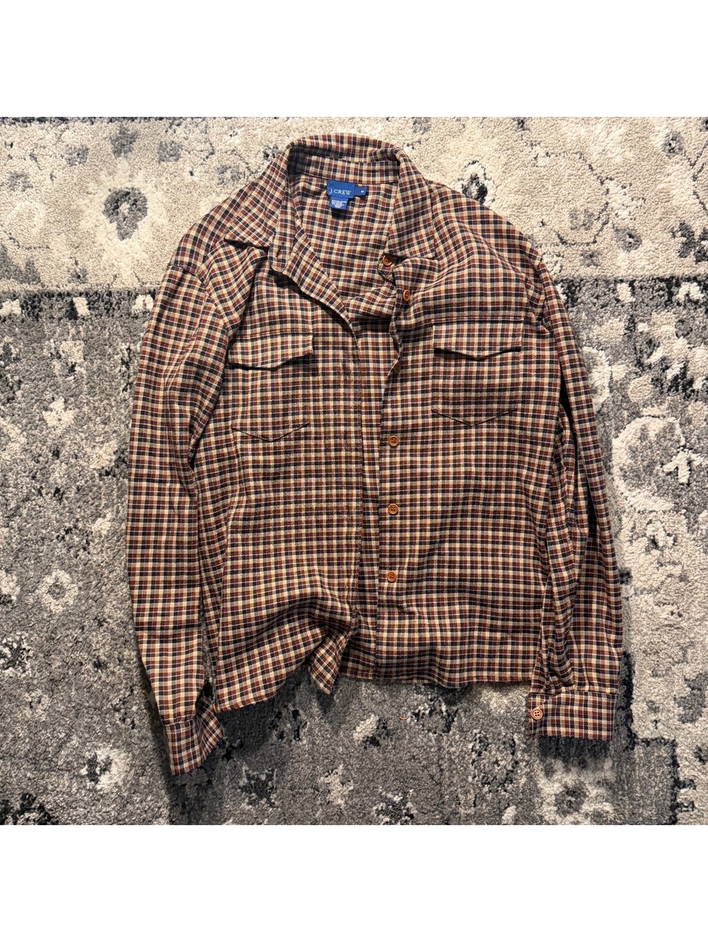 J.Crew Men's Small Brown Plaid Button-Up Shirt, Polyester/Ry